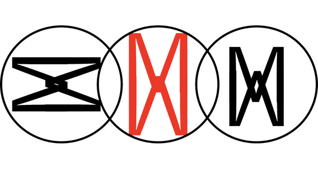 Abstract geometric symbols or logos with letters X and M inside circles.