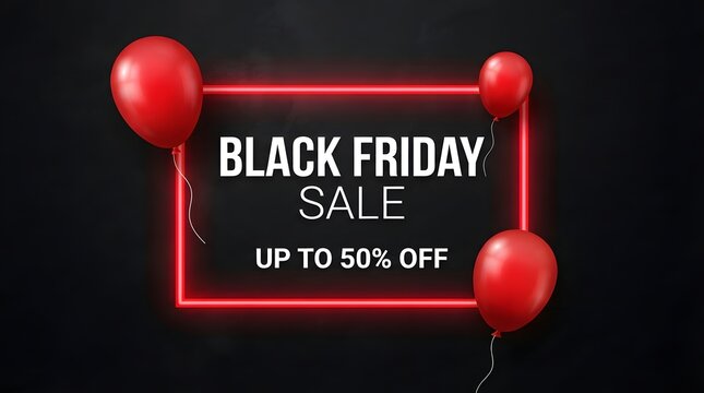 Black friday sale banner with red neon frame and floating red balloons on a dark background