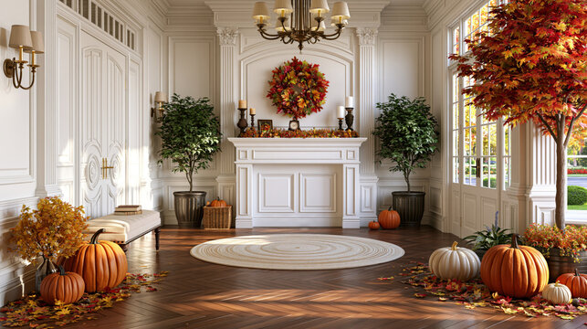 Luxury entryway fall decor pumpkin autumn wreath cozy warm elegant