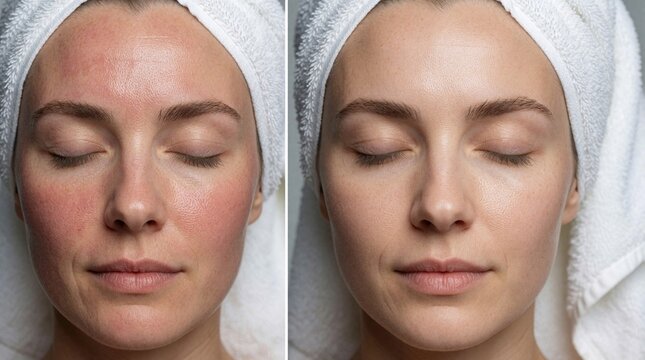 Woman face shows reduced redness and improved skin tone after treatment. Left side displays irritation, right side shows clear complexion. She wears a towel on head, eyes closed in calm.