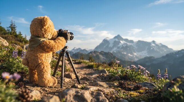 Cinematic Cute Teddy Bear Photographer Standing With Camera on Tripod at Mountain Peak Landscape