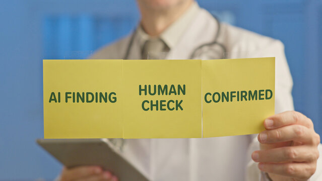 Doctor hands holding yellow sign showing ai findings, human check marks and confirmed segments, symbolizing collaborative validation of ai diagnostics with medical expertise