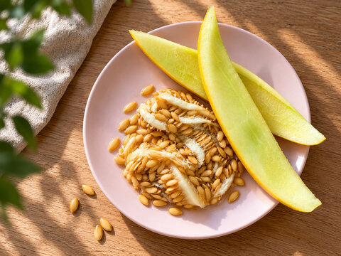 Melon slices with seeds and pulp on plate, fresh fruit preparation, three quarter view, natural light