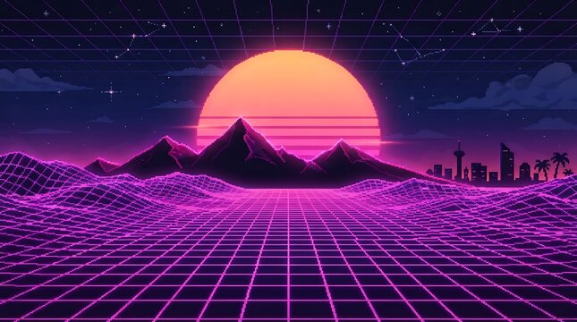 Retro synthwave landscape featuring glowing sun and purple neon wireframe grid