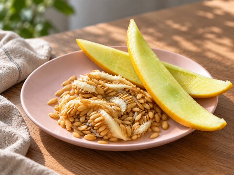 Melon slices with seeds and pulp on plate, fresh fruit preparation, three quarter view