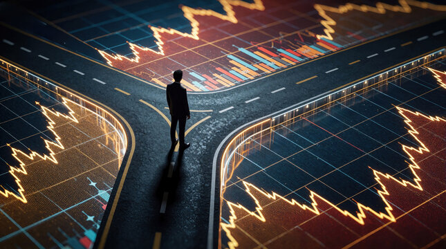 Businessman stands at crossroads of glowing financial data. Silhouette of man looks at digital stock market charts on asphalt road. Concept of big decision, economic growth, future strategy, global