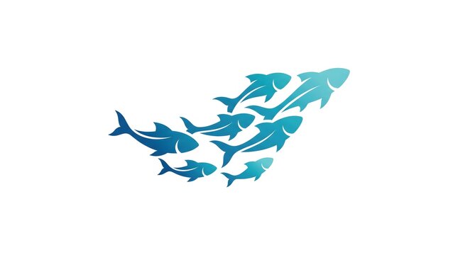 A school of stylized blue fish swimming together upward in a group, vector illustration isolated on a white background