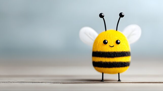 Cute round fluffy 3d rendered cartoon bumble bee character standing on wooden table with soft pastel blue background for kids education nature honey concepts adorable insect mascot or nursery design.