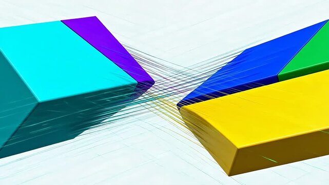 Interwoven colorful geometric shapes with thin connecting lines on white background