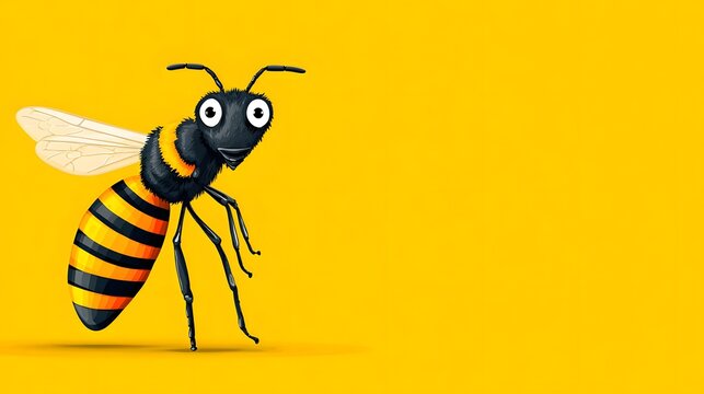 Funny comic style flying cartoon bee character illustration with big eyes on bright solid yellow background empty copy space for humorous kids honey product label playful insect mascot design concept.