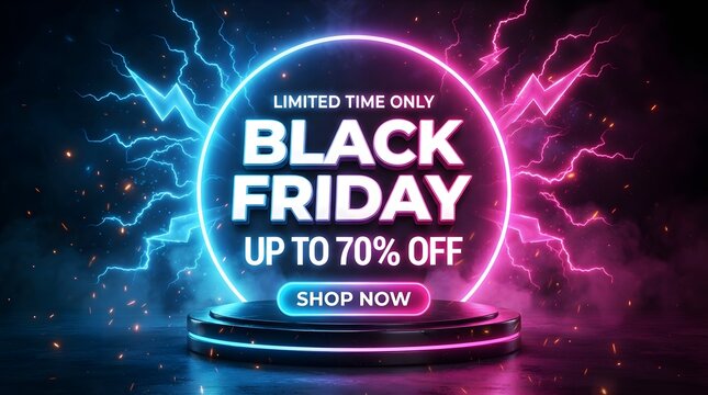 Black friday sale banner with 70 percent off text, neon lightning effects, and a product display podium on a dark background