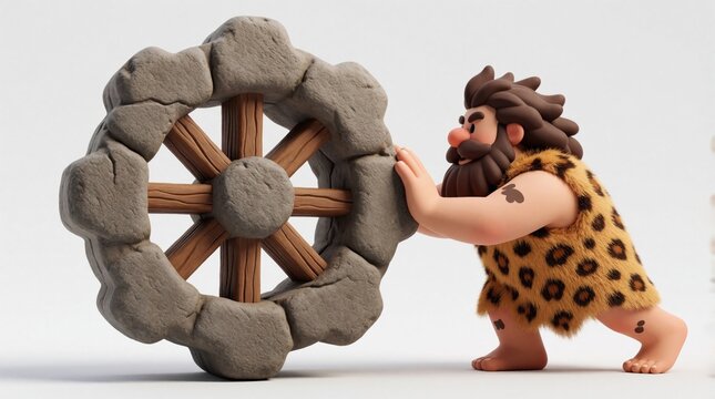 Caveman character pushes ancient stone wheel. Primitive man advances tech development, invention symbol. Early man moves circular object, innovation concept.