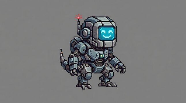 Small pixel art robot with glowing blue screen standing alone
