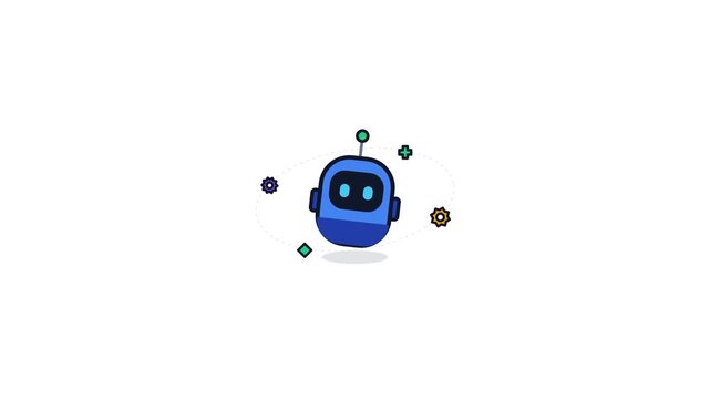 A cute blue robot head with glowing eyes surrounded by colorful orbiting particles on a white background.