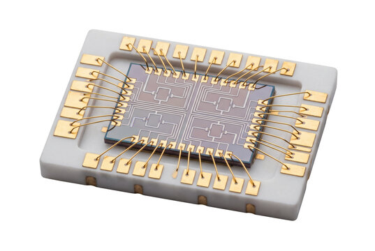 Gold plated electronic semiconductor chip package on transparent background, ceramic integrated circuit CPU with golden lead frames and pins. High engineering delivers reliable processing.