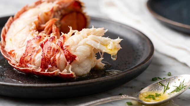 Freshly cooked lobster tail served on a black plate with melted butter