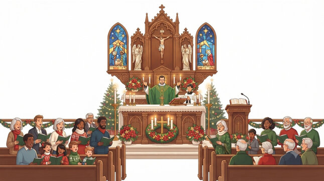 Detailed Illustration of Catholic Christmas Mass with Congregation and Altar