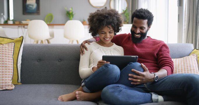 Couple, laughing and relax with tablet, lounge and streaming movies with partner on break in house. Watching, online and black people with tech, happy and funny series with app subscription in home