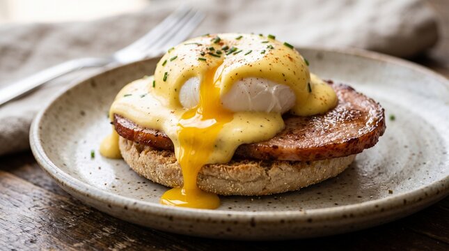 Delicious eggs benedict with runny yolk on toasted muffin and plate