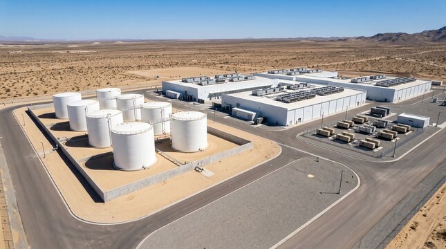 Data Center Fuel Tank Farm With Nine White Vertical Tanks In A Sand Filled Bund Beside A Desert Campus Under A Clear Blue Sky