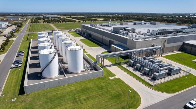 Data Center Fuel Storage Tanks With Spiral Stairs Beside Farmland
