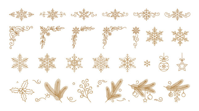 Christmas gold vector line art design elements collection