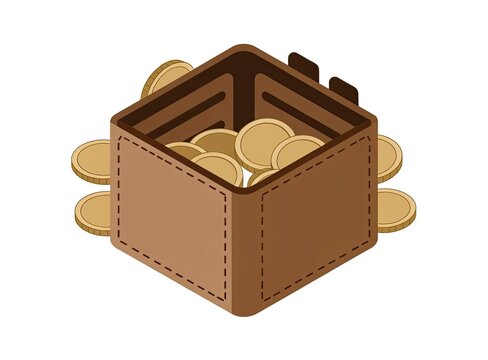 Open brown wallet filled with coins, scattered money, and cash on a plain white background