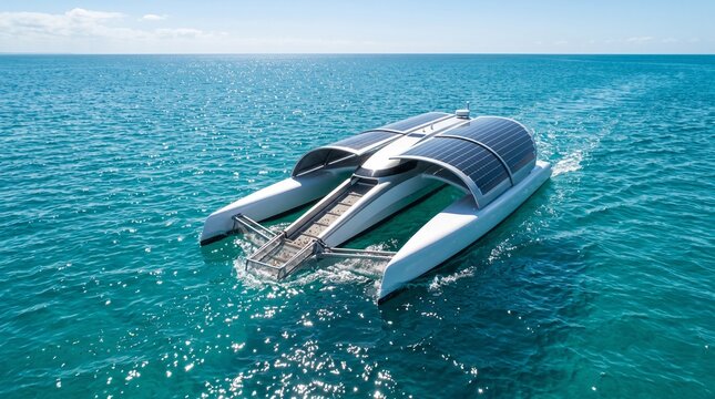 Photorealistic Image Of A Futuristic Solar Powered Catamaran Navigating The Ocean