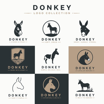 Versatile donkey mascot and animal logo collection featuring clean minimalist silhouettes and line art icons for corporate branding and farm identity