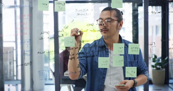 Thinking, writing and window with business man in office for planning, brainstorming or mind map. Project target, sticky note and vision with employee and glass board for solution and problem solving