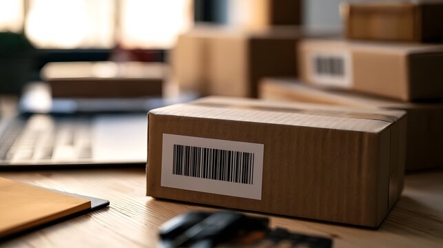 A close up of a cardboard shipping box with a barcode label on a wooden desk  surrounded by other boxes and office equipment