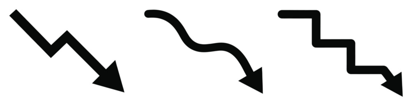 Downward trend arrows vector illustration in black with distinct line styles