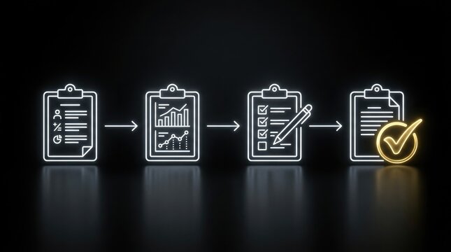 Neon workflow icons depicting data analysis task list and completion stages