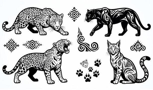 Wild Cat Collection Leopard Panther Jaguar Tribal Pattern Black White Vector Illustration