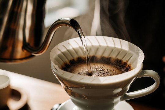 Barista pours hot water from steel kettle into v60 filter with coffee grounds. Steaming beverage brews into ceramic cup. Coffee preparation process in cafe.