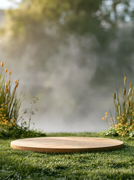 Wooden disc on a misty lawn with reeds and yellow wildflowers