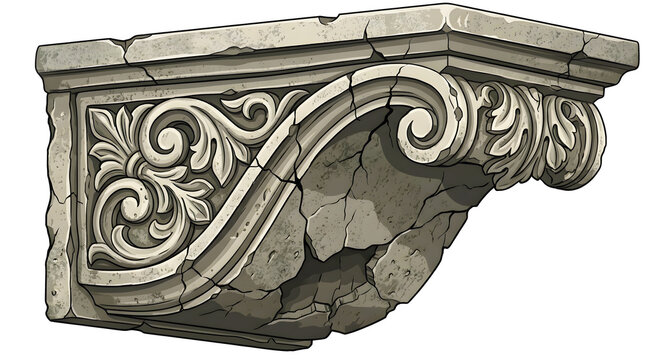 Classic baroque stone corbel with decorative acanthus leaf carvings and cracked texture for architectural details and game world environment assets.