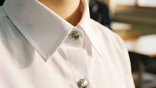 깔끔하게 다림질된 하얀색 정장 셔츠의 깃과 단추가 채워진 단정한 착용 모습,
Close-up of a neatly ironed white formal dress shirt collar fastened with a polished button.