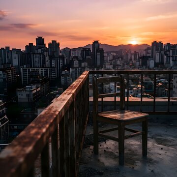 일몰 노을이 지는 도심 속 빌딩과 루프탑 테라스에서 바라본 야경 전망,
Urban city skyline and sunset view from a rooftop terrace overlooking high-rise buildings.