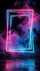 Obraz premium Abstract neon frame glows with pink, blue light in dark smoky room. Rectangular glowing border floats among colorful clouds of smoke. Cyberpunk aesthetic background with vibrant vapor, futuristic