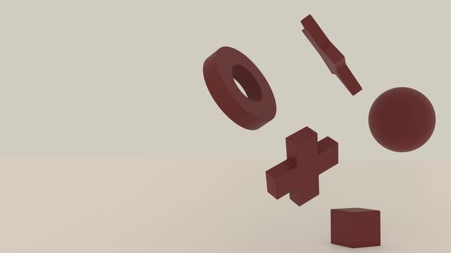 Terracotta 3D geometric objects falling and interacting on soft beige background 4K Loop
