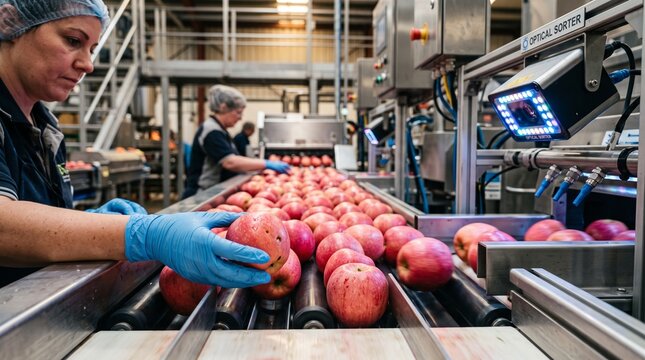 Industrial workers inspecting red apples on an automated conveyor belt sorting line inside a modern food production and quality control facility