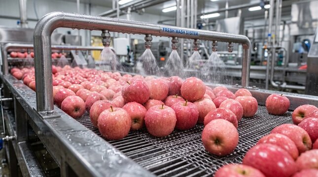 Fresh red apples being washed and sorted on an industrial conveyor belt in a modern food processing factory facility