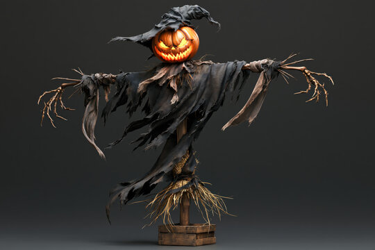 Halloween scarecrow, spooky pumpkin head, tattered cloak, dark background, eerie straw figure, creepy autumn decoration