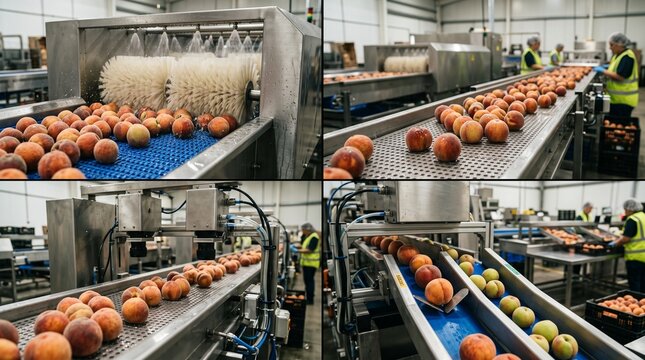 Automated Peach and Fruit Sorting and Washing Process on Conveyor Belt in Food Processing Factory