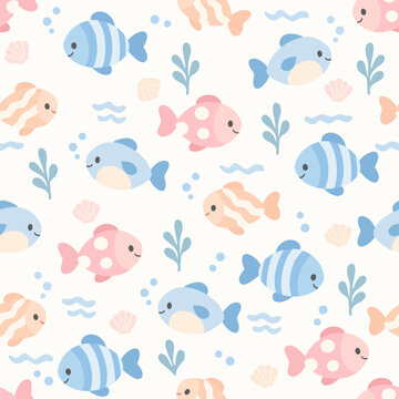 Cute seamless ocean pattern featuring pastel fish, seashells, seaweed, bubbles, and small wave motifs on a clean white background. The soft blue, pink, peach, and aqua palette creates a playful underw