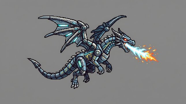 Mechanical pixel art dragon breathing bright flames in side profile view