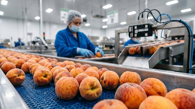 Fresh peaches on conveyor belt during sorting and packaging process in food production factory