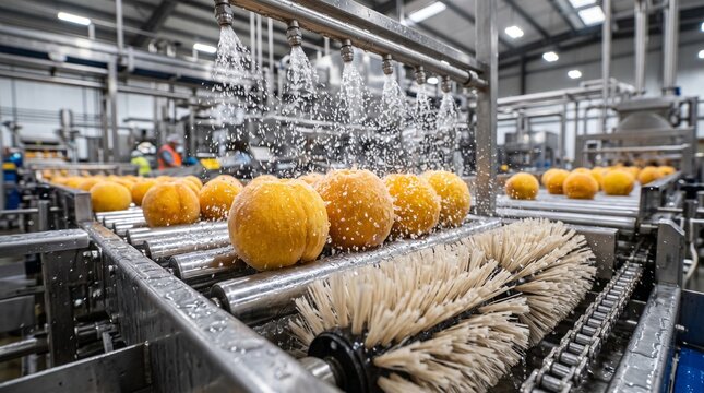 Fresh oranges being washed and cleaned on a conveyor belt in a large-scale industrial food processing factory