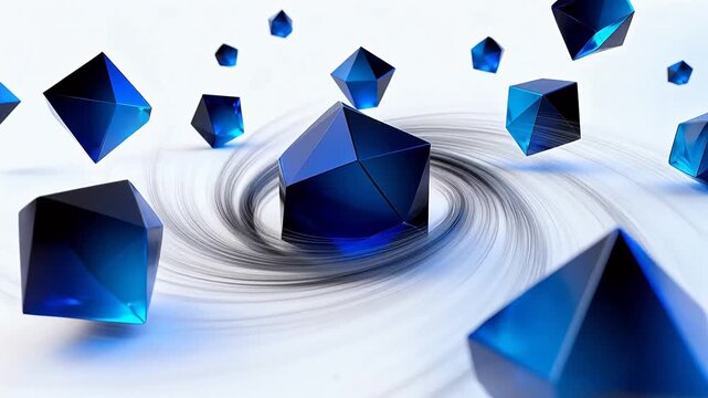 Blue black geometric shapes floating around a grey vortex on white background